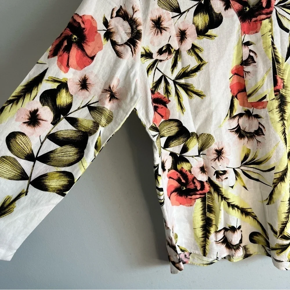 Van Heusen Womens Linen Rayon Pullover Blouse Floral Sz L Cruise Travel Spring - Picture 8 of 9